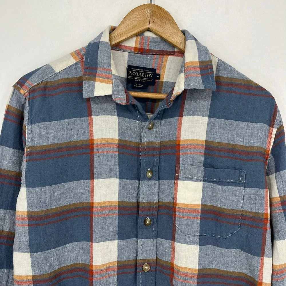 Pendleton Mens Blue Orange Plaid Linen Rayon Button‎ Down Shirt Size M